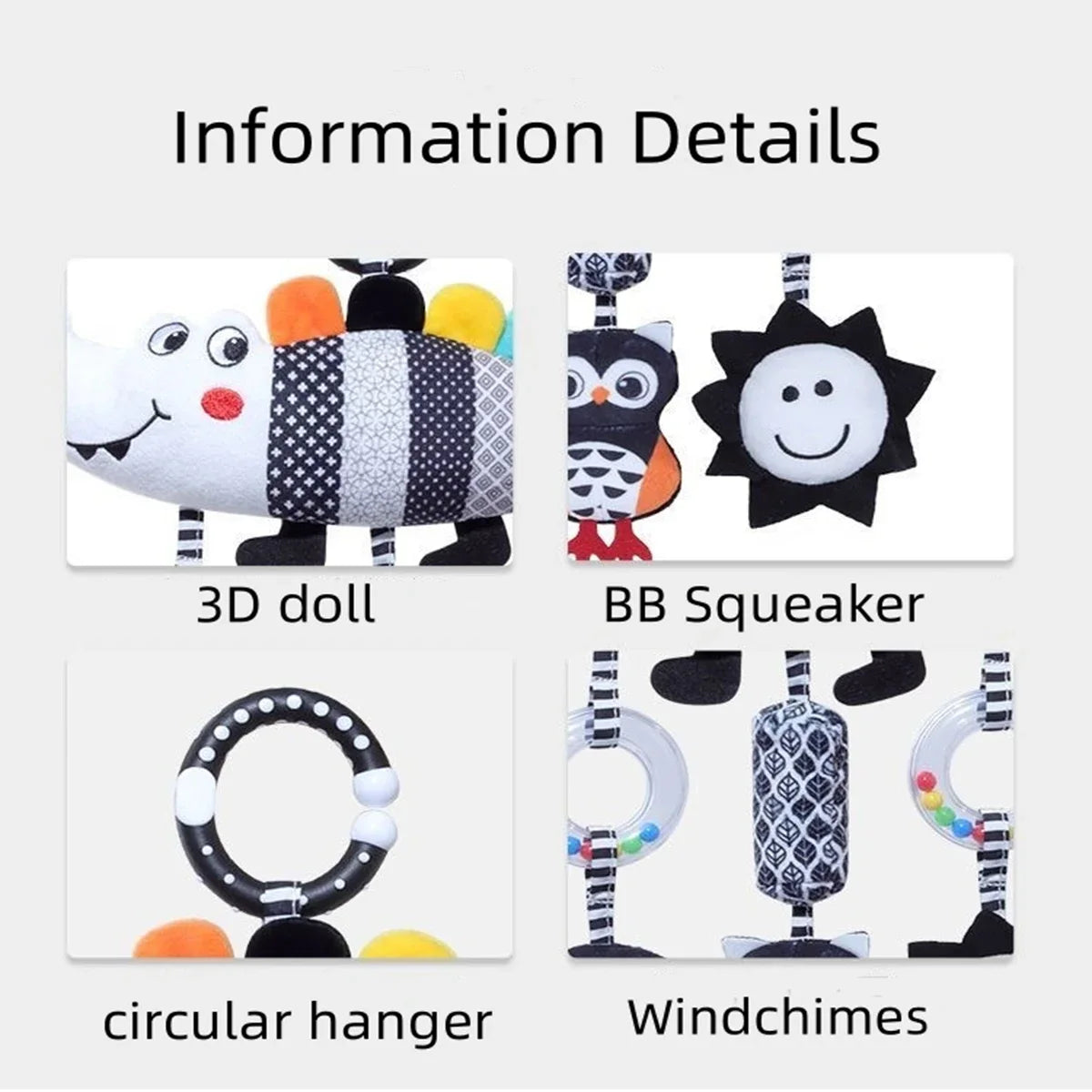 New Baby Carseat Toy Black & White Rattle Hanging Activity Stroller Toy for Newborns Boys and Girls Gifts Crocodile Caterpillar