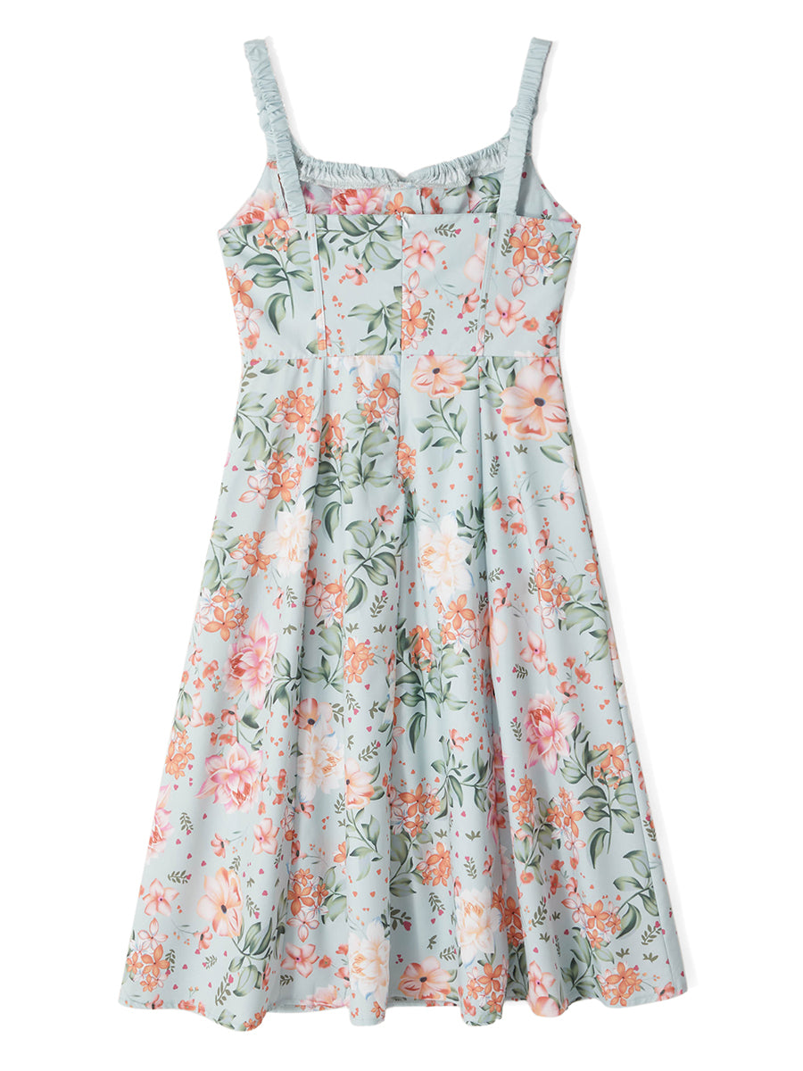Women Summer Casual Midi Dress Floral Print Low-Cut Sleeveless Sling Sweet Dress Fashion Backless Temperament Dress