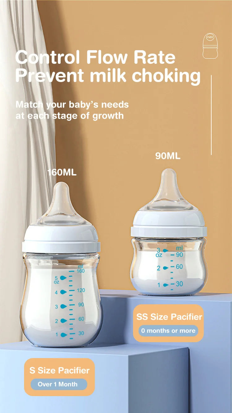 MAMIJOY 2PCS 90ML/160ML Baby Bottle Newborn Glass Bottles Anti-flatulence Milk Feeding Bottles Infant 0-3 Month BPA Free GB01＆02
