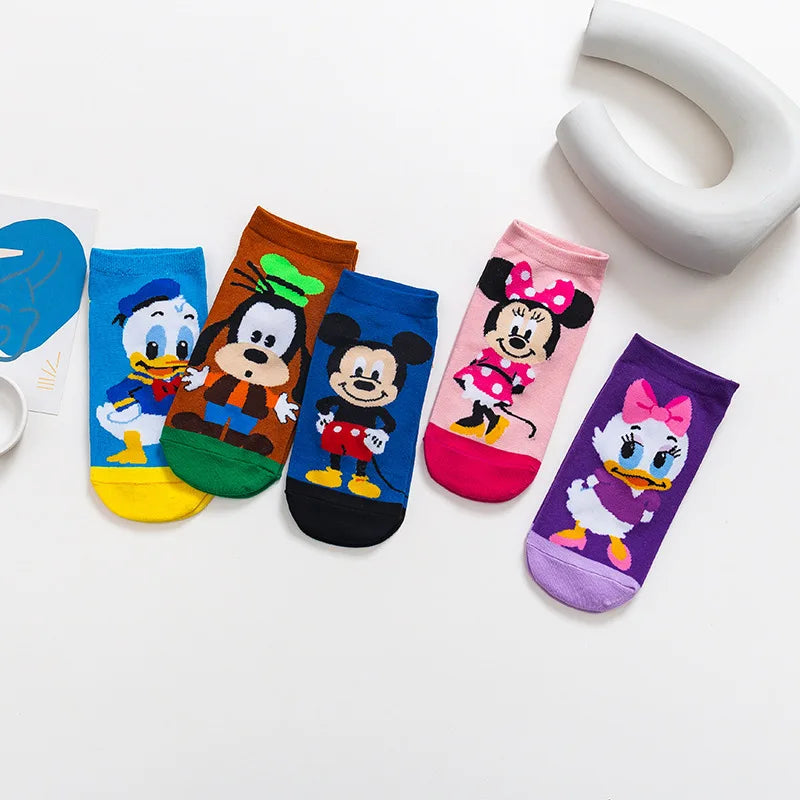 5pairs/set Disney Mickey Mouse Short Woman Socks Anime Donald Sweat Summer Cotton Girl Women's Boat Socks Ankle Low Female Sock