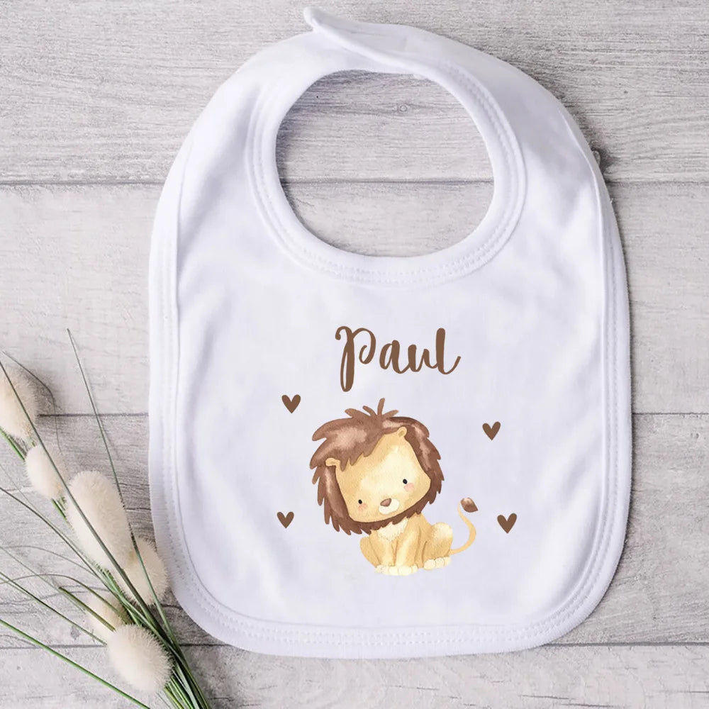 Personalised Animal with Name Baby Bib Girl Boy Cotton Bibs Custom Newborn Saliva Towel Infant Bib Baptism Baby Shower Gift