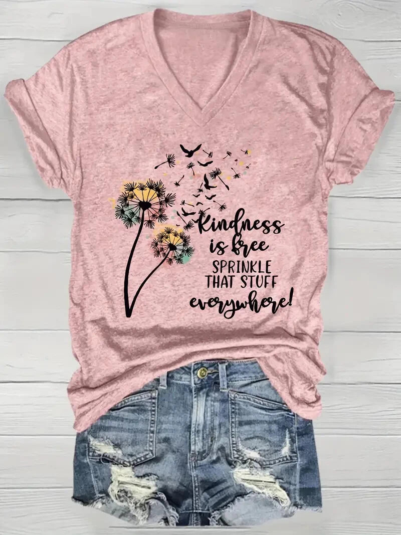 Summer Outdoor Women's T-Shirt Casual V-Neck Short Sleeve Tops Floral Butterfly Print Street Fashion Female Oversize Clothing