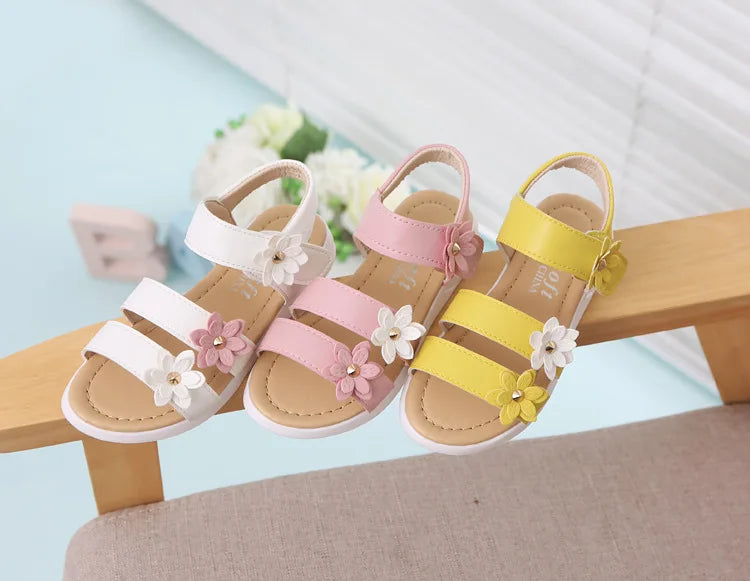 2024 Summer New Girls Sandals Kids Floral Sandals with 3 Flowers Princess Sweet for Wedding Party Dress Shoes Kids Sandals 21-36