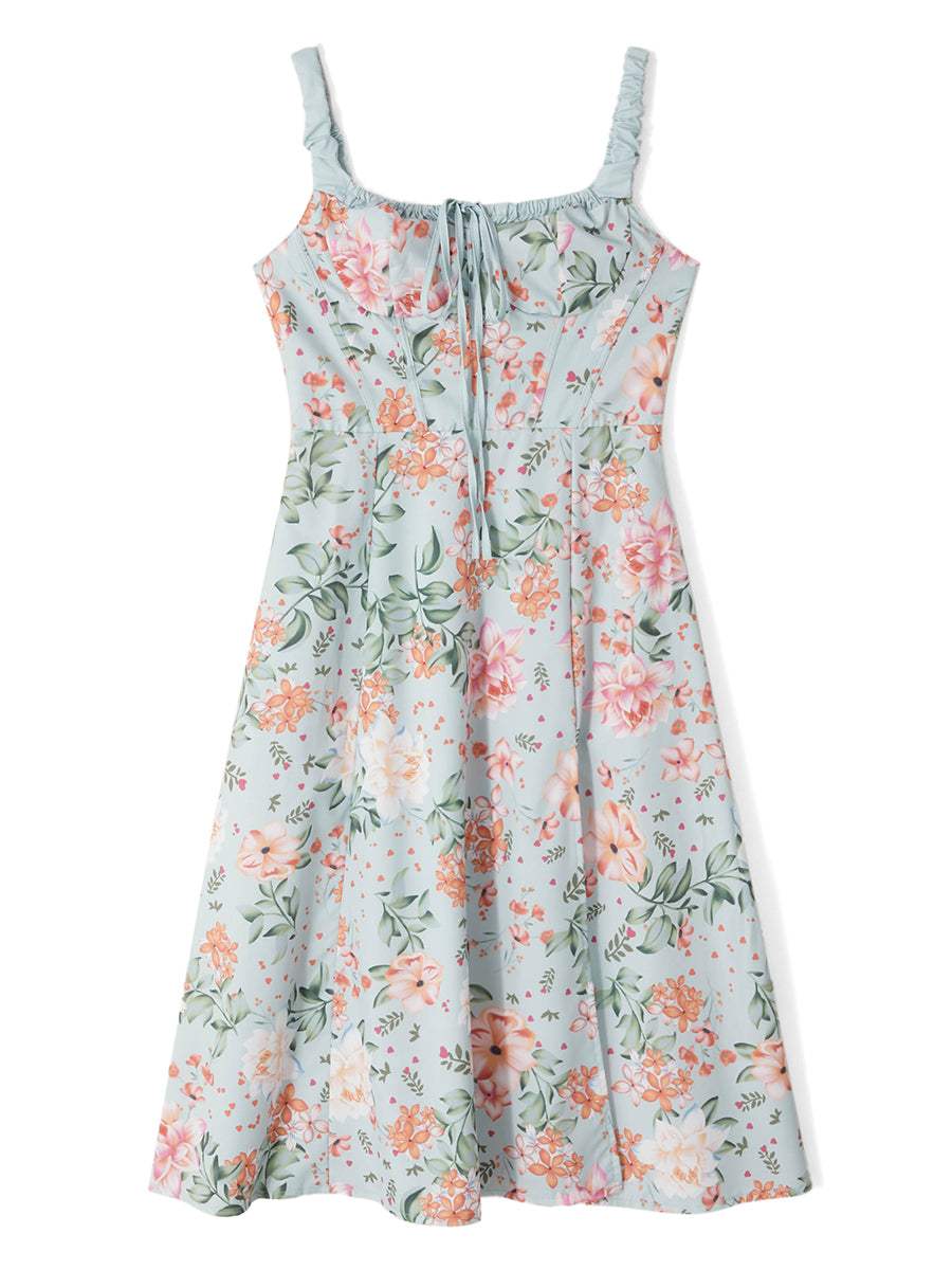 Women Summer Casual Midi Dress Floral Print Low-Cut Sleeveless Sling Sweet Dress Fashion Backless Temperament Dress