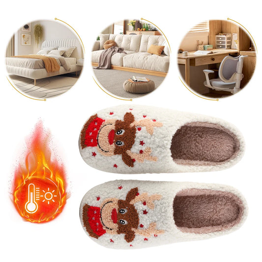 Christmas Elk Plush Slippers Comfortable Flat Thermal Slippers Anti Slip Fluffy Home Slippers Soft Couple Slippers for Men Women