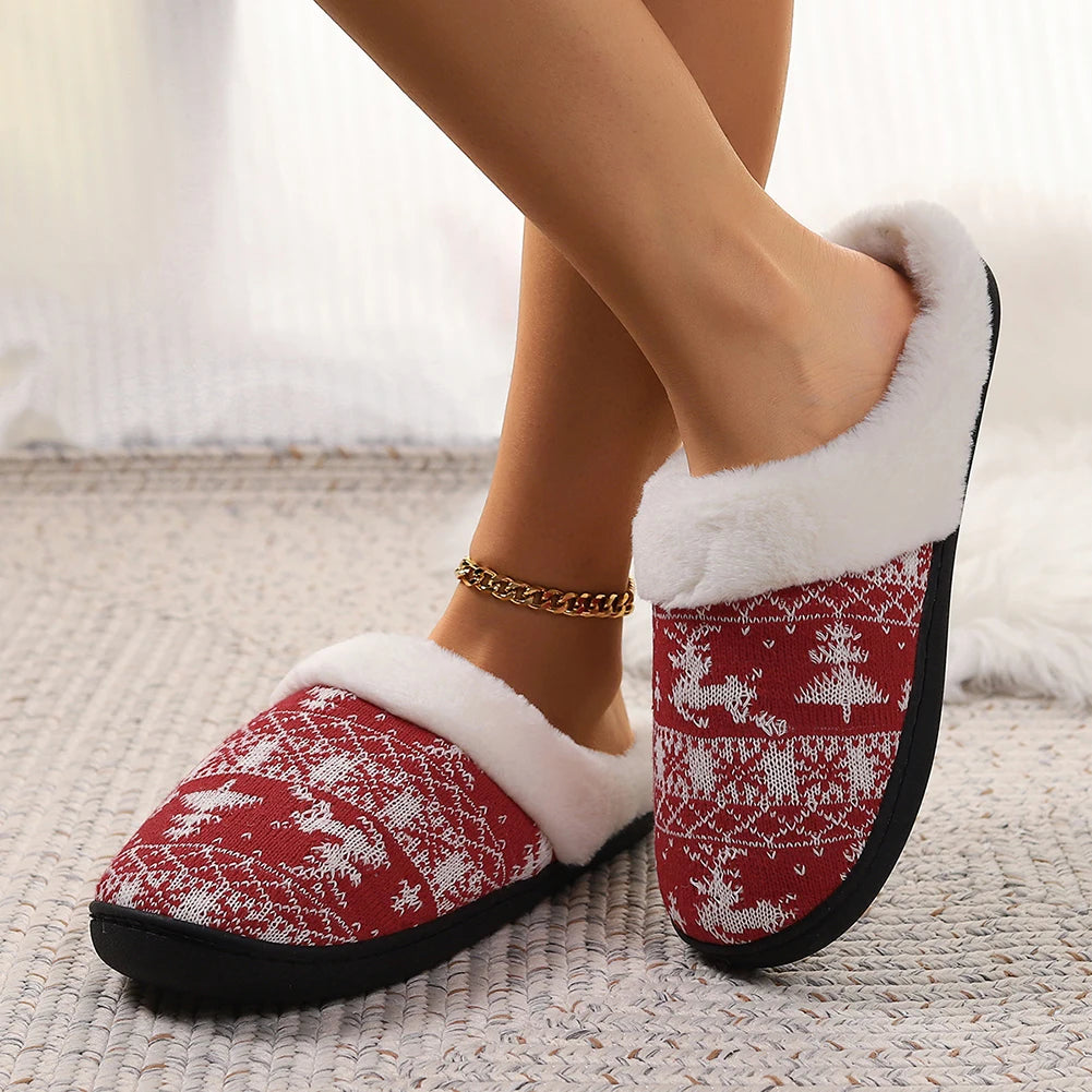 Christmas Plush Indoor Slippers Non-Slip Cute Bedroom Slides Soft Fluffy Cartoon Slippers House Slippers for Men Women
