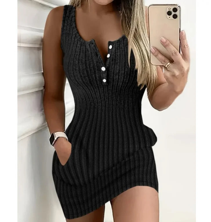 Summer New Women's Casual Buttoned Pocket Design U-Neck Ribbed Bodycon Dress Female Fashion Sleeveless Skinny Mini Dresses