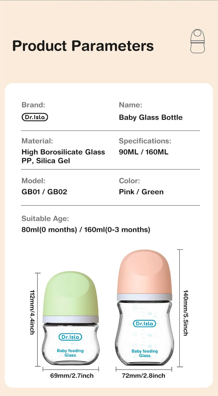 MAMIJOY 2PCS 90ML/160ML Baby Bottle Newborn Glass Bottles Anti-flatulence Milk Feeding Bottles Infant 0-3 Month BPA Free GB01＆02
