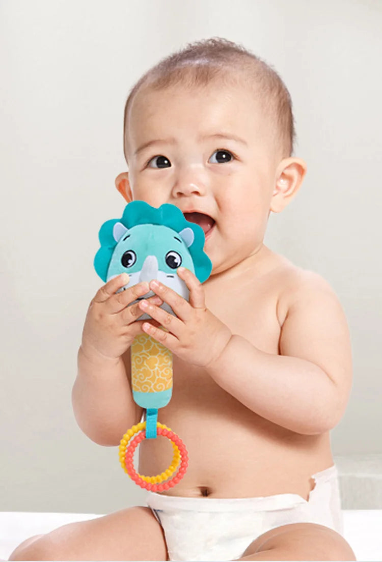 Baby Rattles Toys Soft Hand Crank Cartoon Animal with BB Call Voice Plush Toys Squeaky Sensory Travel Accessories for Toddler