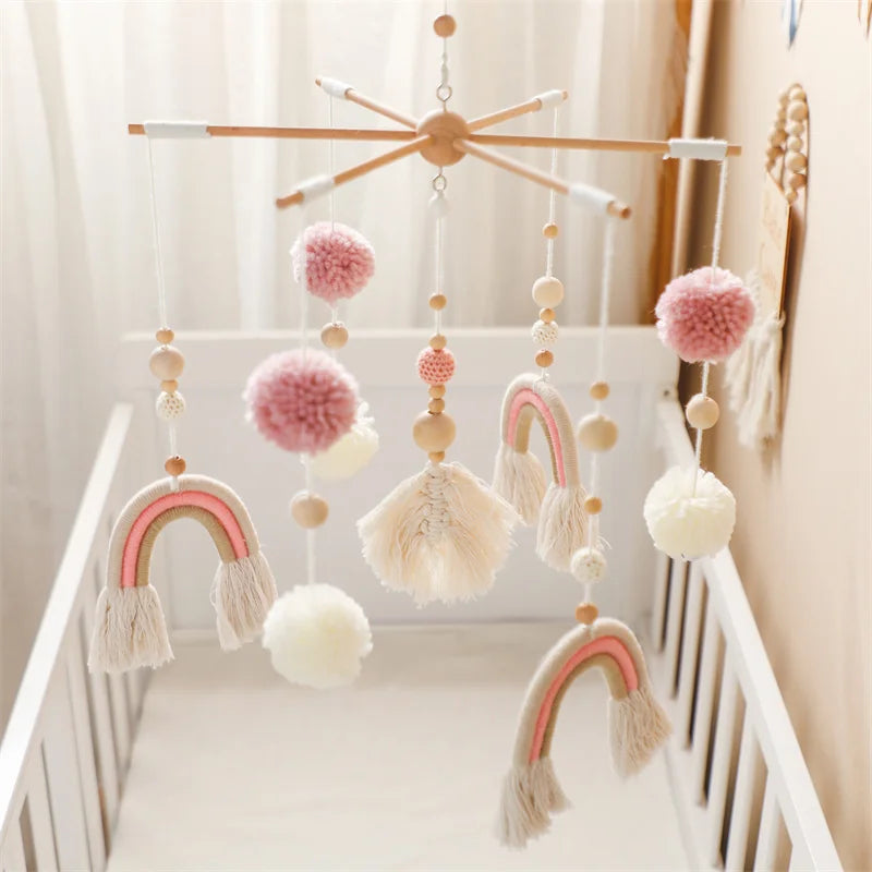 Baby Rattle Wooden Crib Mobile Bed Bell Toys Soft Felt Forest Animal Doll Toy Kid Stroller Comfort Crib Hanging Bracket Toy Gift