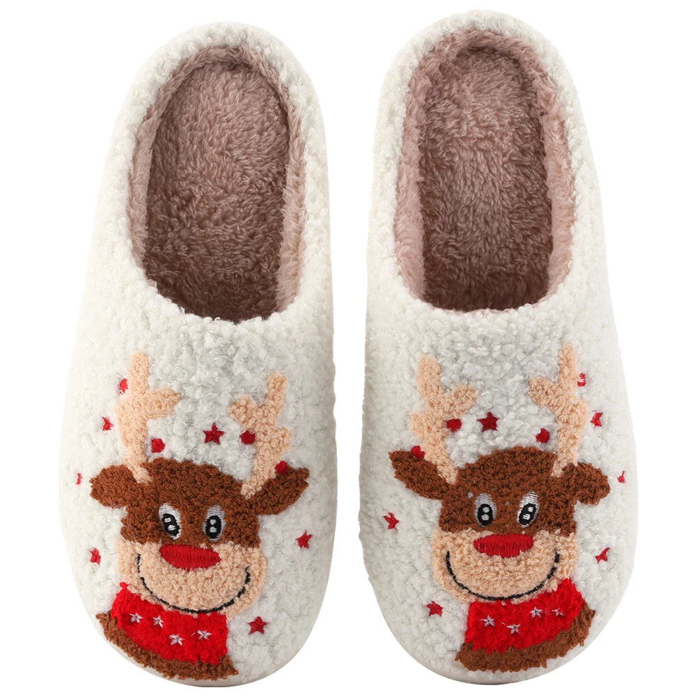 Christmas Elk Plush Slippers Comfortable Flat Thermal Slippers Anti Slip Fluffy Home Slippers Soft Couple Slippers for Men Women