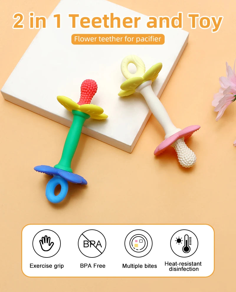 New 2 in 1 Baby Silicone Flower Teether - Safe & Soft Chewing Toy for Soothing Sore Gums, BPA-Free, Easy-to-Hold Teething toy