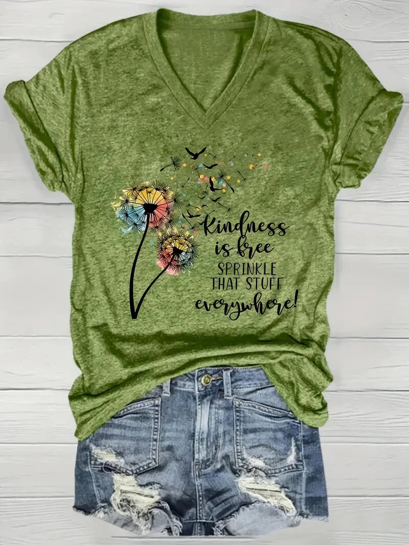 Summer Outdoor Women's T-Shirt Casual V-Neck Short Sleeve Tops Floral Butterfly Print Street Fashion Female Oversize Clothing