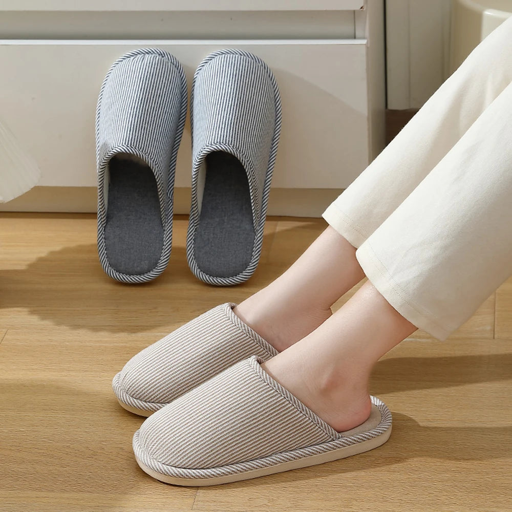 ZHIDA Spring and Autumn Cotton Slippers Indoor Slippers Warm Plush Home Shoes Linen Non-slip Mute Flats Couple House Slides