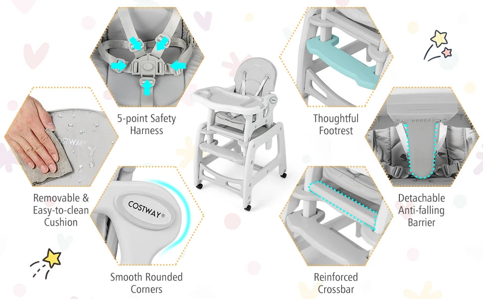 5 in 1 Baby High Chair, Convertible Toddler Table Chair Set, Rocking Chair, Multi-Function Seat with Lockable Universal Wheels