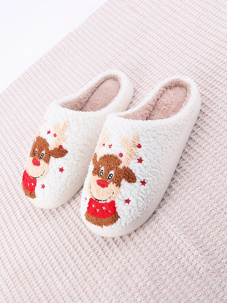 Christmas Elk Plush Slippers Comfortable Flat Thermal Slippers Anti Slip Fluffy Home Slippers Soft Couple Slippers for Men Women