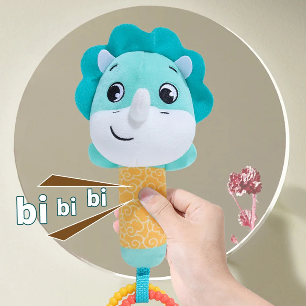 Baby Rattles Toys Soft Hand Crank Cartoon Animal with BB Call Voice Plush Toys Squeaky Sensory Travel Accessories for Toddler