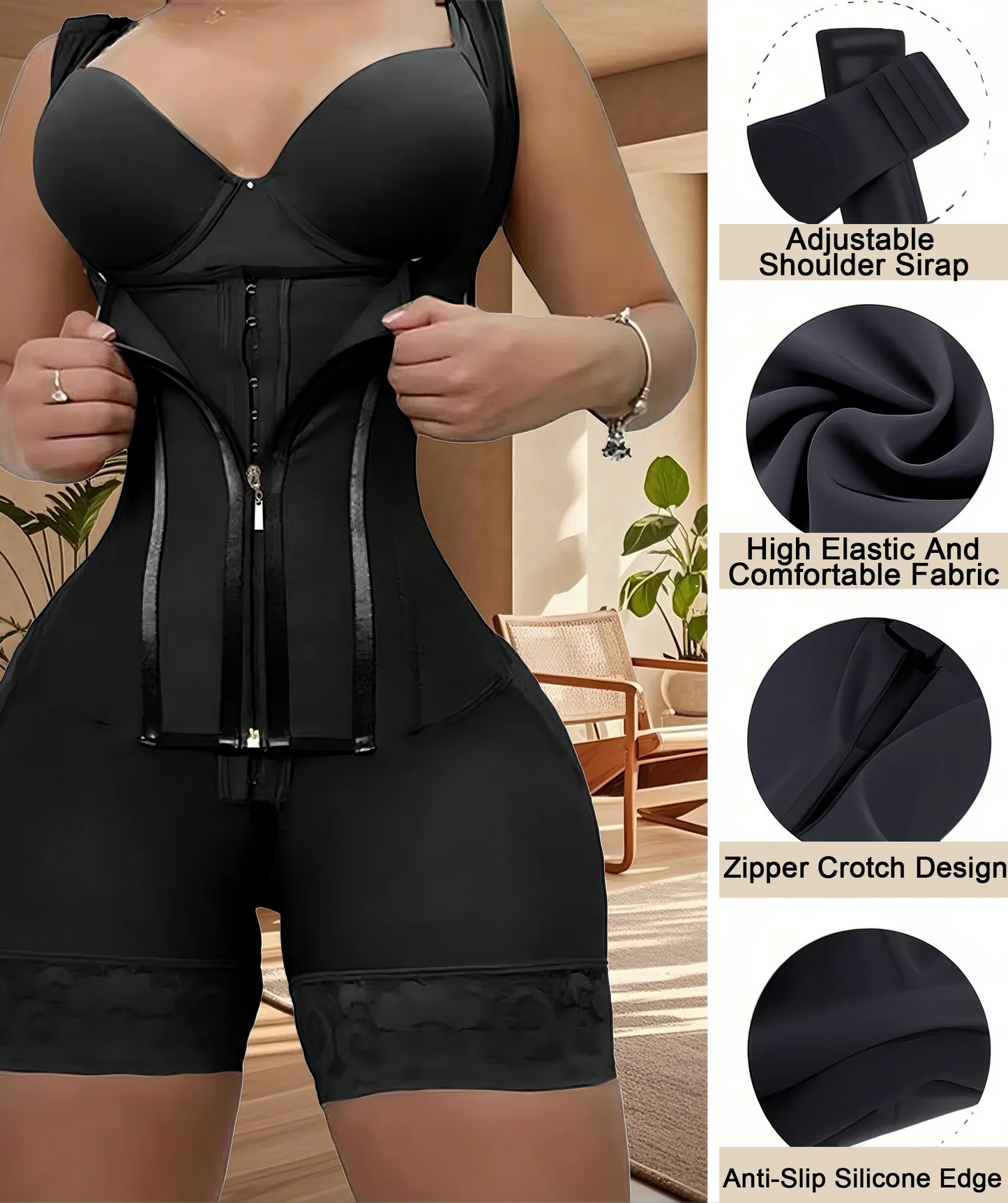 Women's Lace-Trimmed Shapewear Bodysuit - Tummy Control Corset with Adjustable Straps & Zipper, Black, Comfortable
