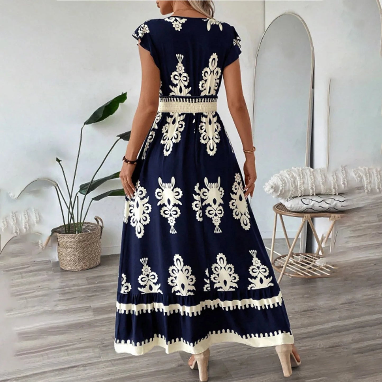 Fashion Sleeveless Maxi Boho Dress Women 2025 Summer Print Waist Bohemian Elegant Short Sleeve Dresses For Women Robe Femme