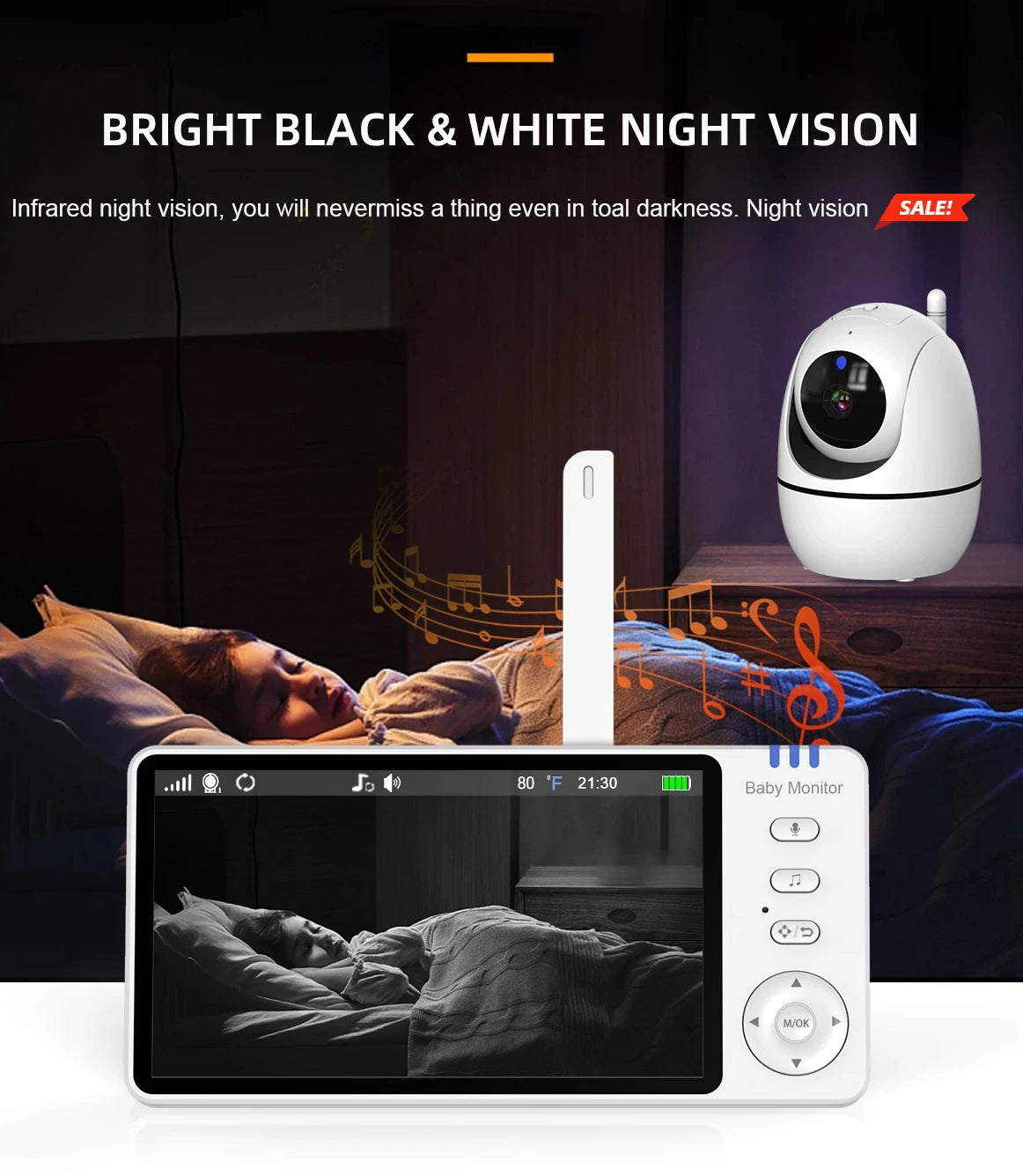 5Inch Video Baby Monitor With Pan Tilt  Surveillance Camera Two Way Audio Night Vision Intercom Auto IPS Screen Nanny with Stand