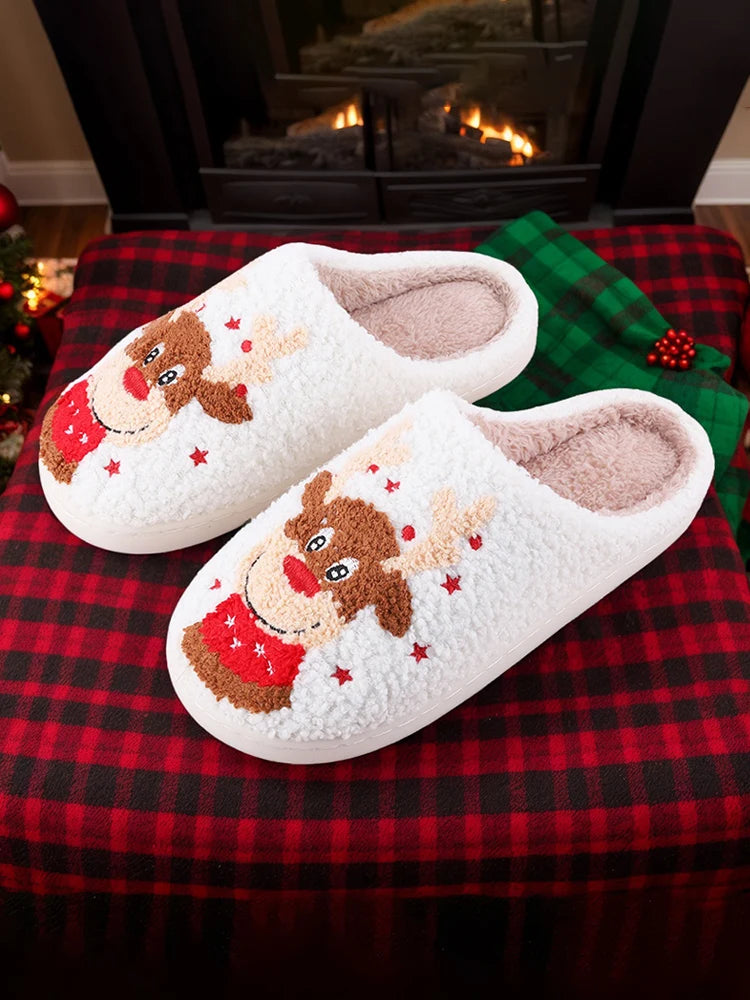 Christmas Elk Plush Slippers Comfortable Flat Thermal Slippers Anti Slip Fluffy Home Slippers Soft Couple Slippers for Men Women