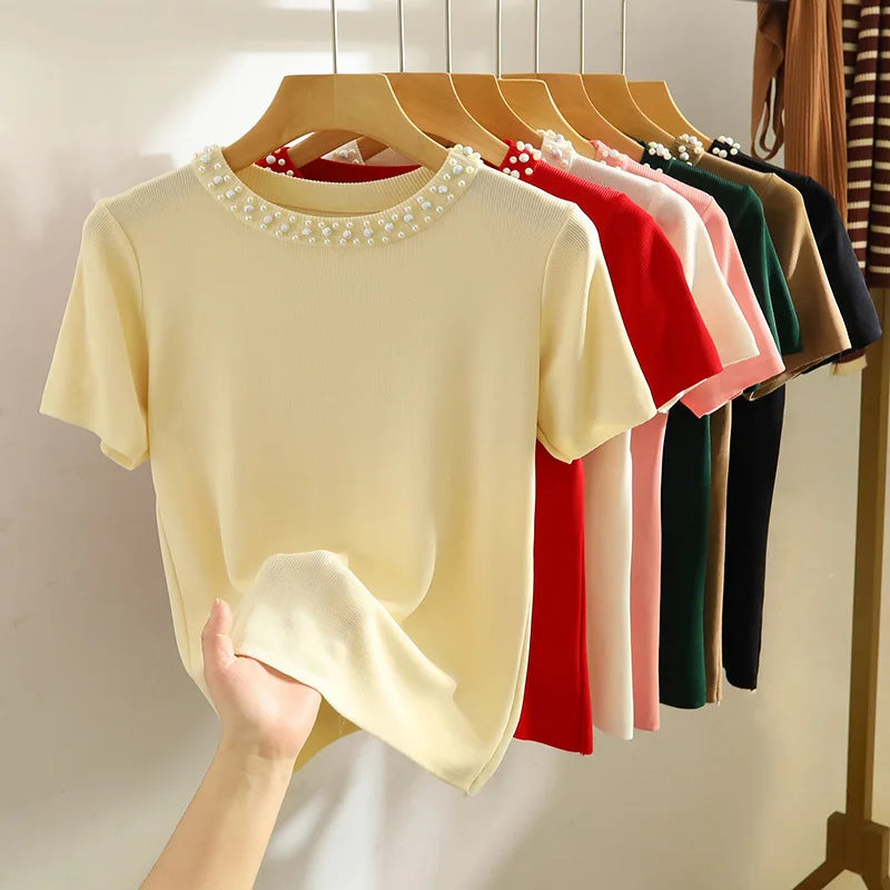 1pcs Summer Women Bead Ice Silk Knit T-Shirt Lady Short-Sleeve Round-Neck tShirt Female Pullover Tee Girl Fashion Commuting Tops