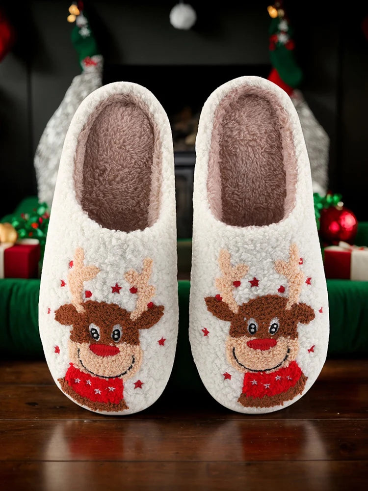 Christmas Elk Plush Slippers Comfortable Flat Thermal Slippers Anti Slip Fluffy Home Slippers Soft Couple Slippers for Men Women