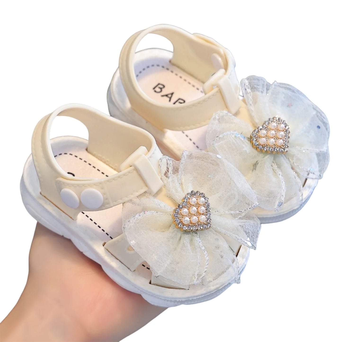 Toddler Girl Sparkle Glitter Bowknot Sandals with Rhinestone Pearl Heart Detail Soft Sole Non-Slip Closed Toe Walking Shoes