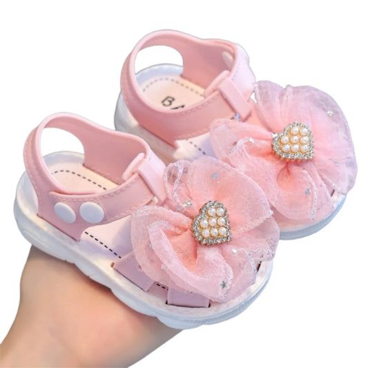 Toddler Girl Sparkle Glitter Bowknot Sandals with Rhinestone Pearl Heart Detail Soft Sole Non-Slip Closed Toe Walking Shoes