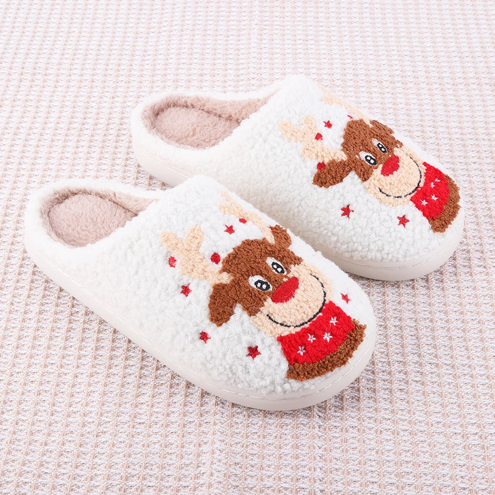 Christmas Elk Plush Slippers Comfortable Flat Thermal Slippers Anti Slip Fluffy Home Slippers Soft Couple Slippers for Men Women