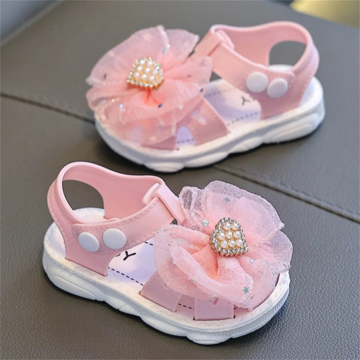 Toddler Girl Sparkle Glitter Bowknot Sandals with Rhinestone Pearl Heart Detail Soft Sole Non-Slip Closed Toe Walking Shoes