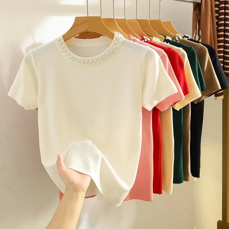 1pcs Summer Women Bead Ice Silk Knit T-Shirt Lady Short-Sleeve Round-Neck tShirt Female Pullover Tee Girl Fashion Commuting Tops