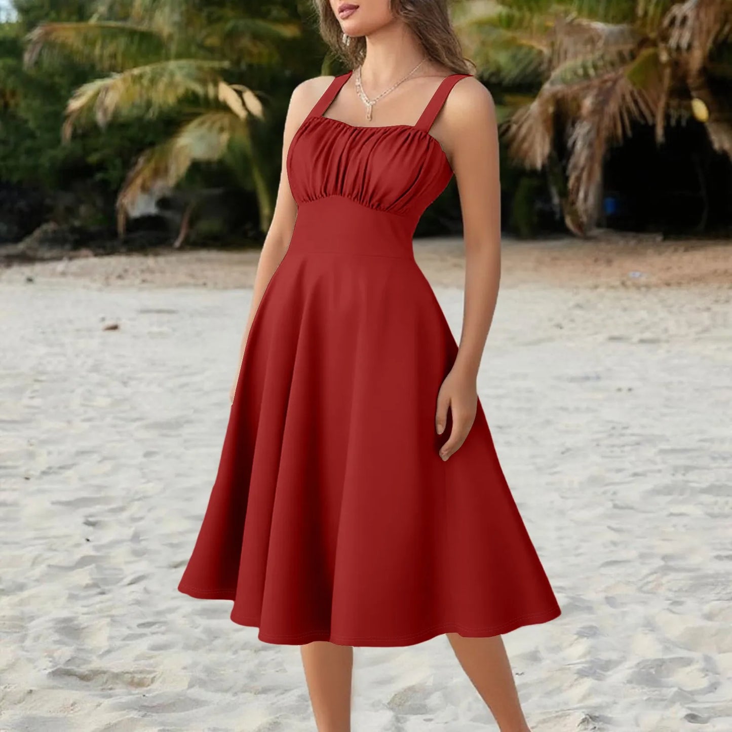 New Women'S Vintage Sleeveless Pleated Patchwork Cute A-Line Hem Solid Dresses Vestidos Mujer Veranoa 2025 Women Clothing