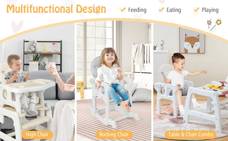 5 in 1 Baby High Chair, Convertible Toddler Table Chair Set, Rocking Chair, Multi-Function Seat with Lockable Universal Wheels