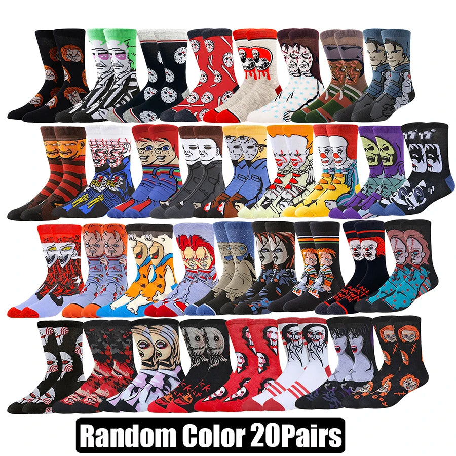 10/20Pairs random color Cartoon Anime Socks for Men Women Chucky Hip Hop Street Fashion Novelty Funny Casual Crew Socks
