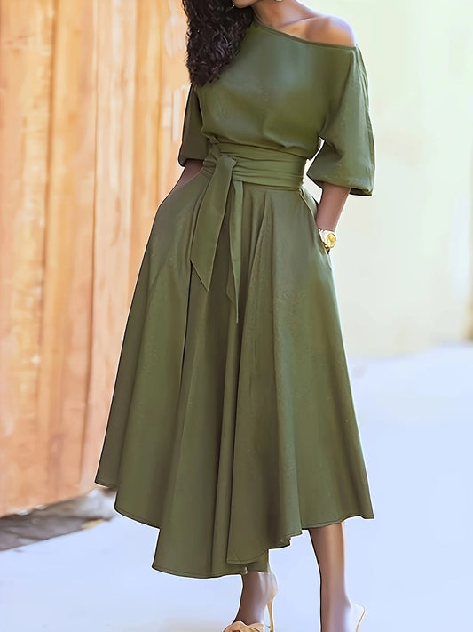 Temperament Drop Shoulder Tie Waist Slimming Large Size Casual Dress