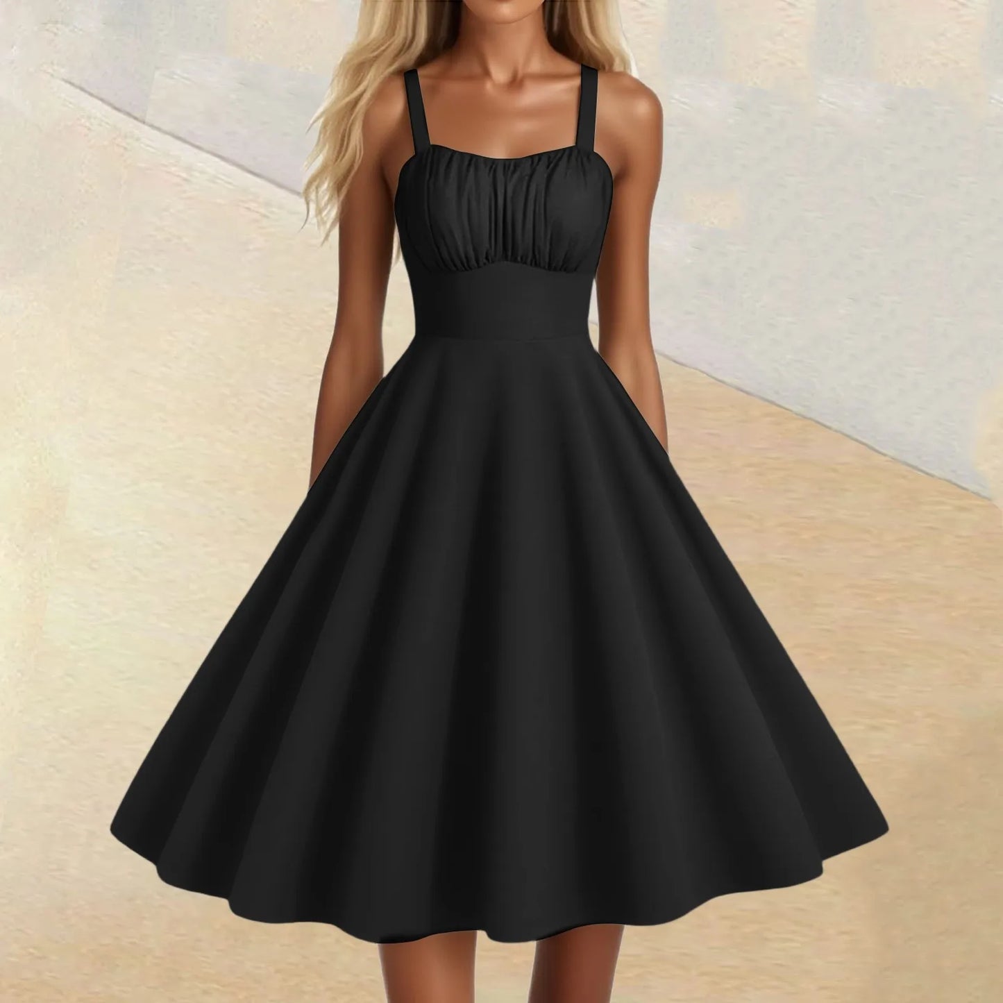 New Women'S Vintage Sleeveless Pleated Patchwork Cute A-Line Hem Solid Dresses Vestidos Mujer Veranoa 2025 Women Clothing